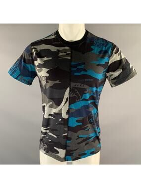 VERSACE Size S Navy Grey Black Tiger Camo Cotton Panelled T-shirt
